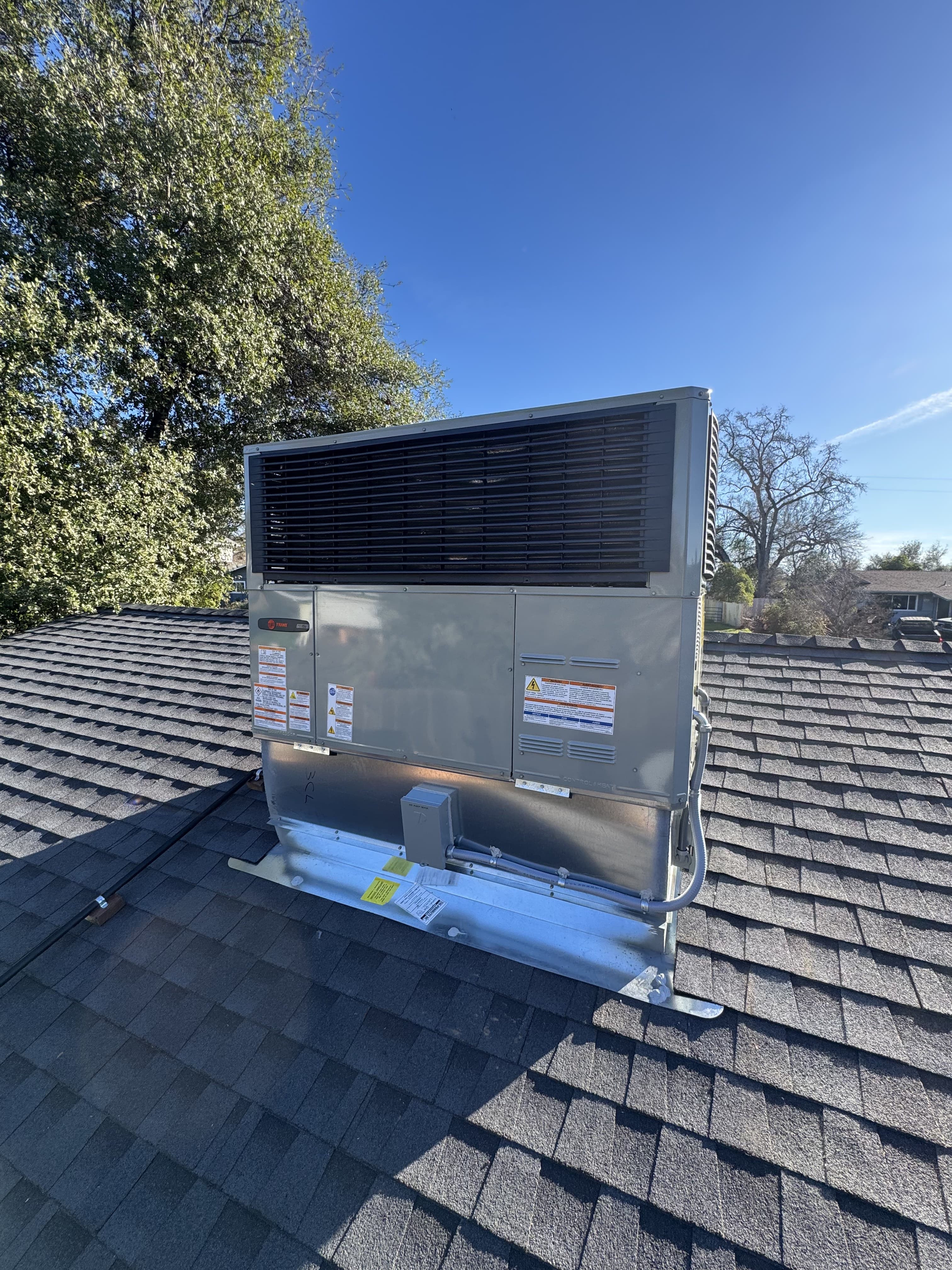 Trane rooftop package unit installed against a blue sky